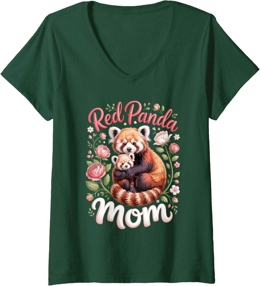 Women's Red Panda Mom Wildlife Animal Lover Mother V-Neck T-Shirt - Dark Green