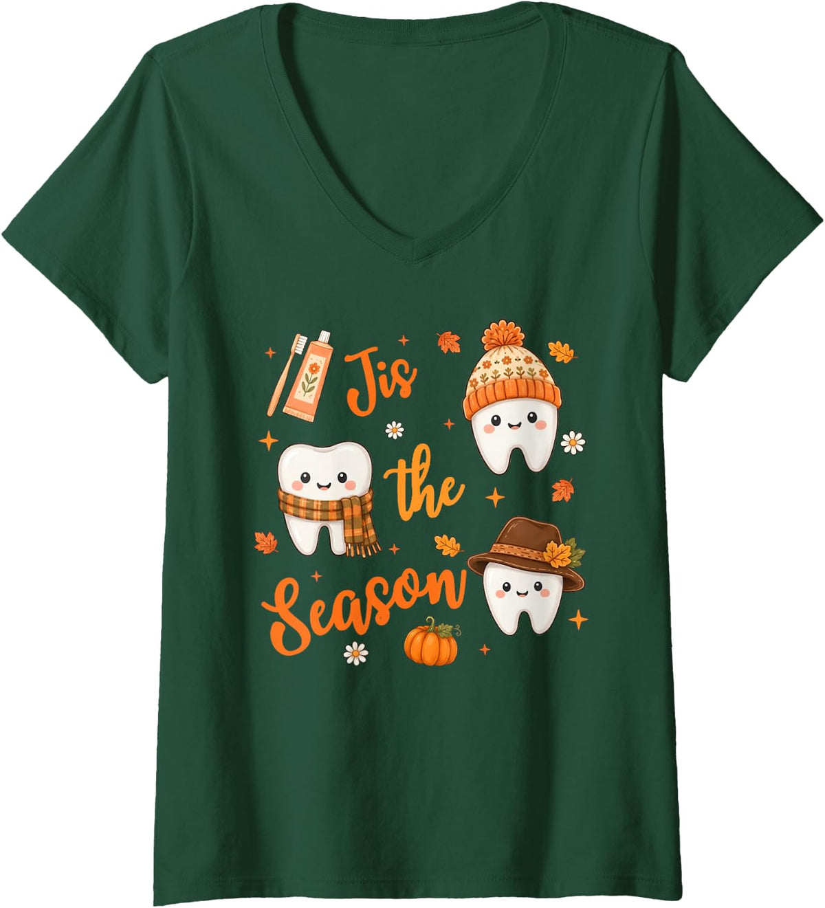 Women's Tis The Season Fall Tooth Dental Assistant Hygiene Dentist V-Neck T-Shirt - Dark Green