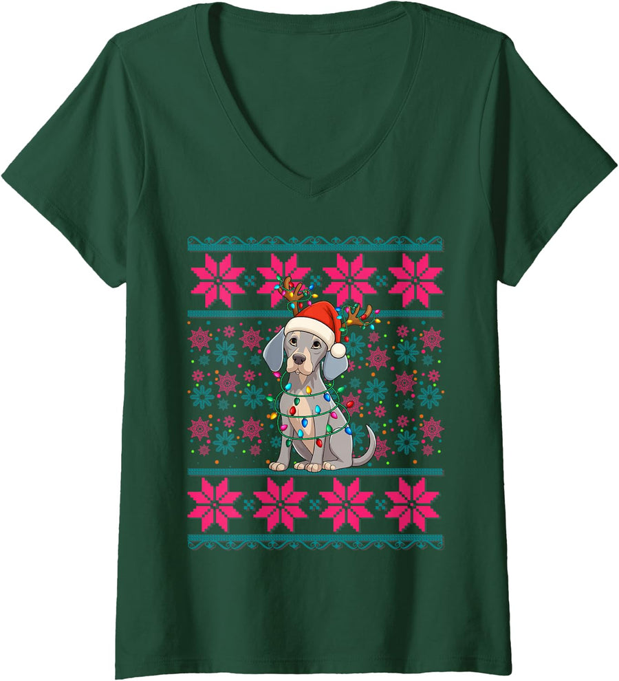 Women's Reindeer Santa Ugly Christmas Lights Weimaraner Dog Girls V-Neck T-Shirt - Dark Green
