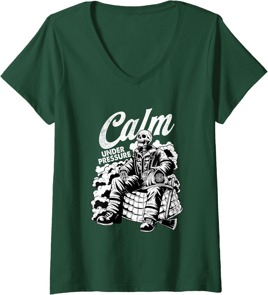 Women's Calm Under Fire Pressure Firefighter Gift Fire Dept Fireman V-Neck T-Shirt - Dark Green