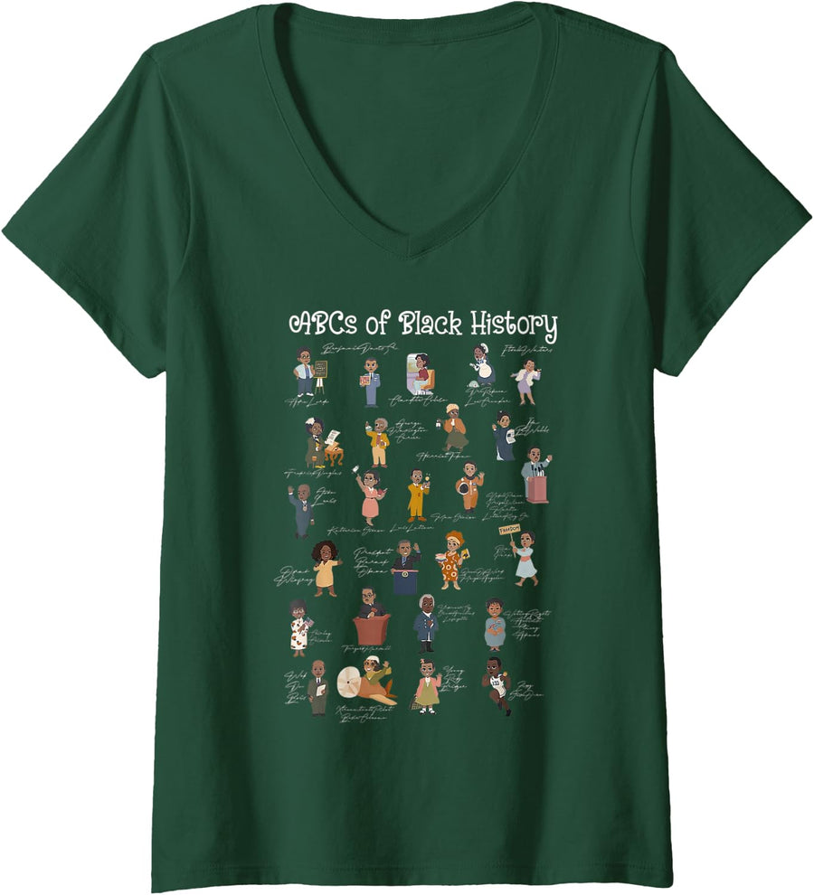 Women's ABCs of Black History Month Pride Women Men Teacher Gifts V-Neck T-Shirt - Dark Green