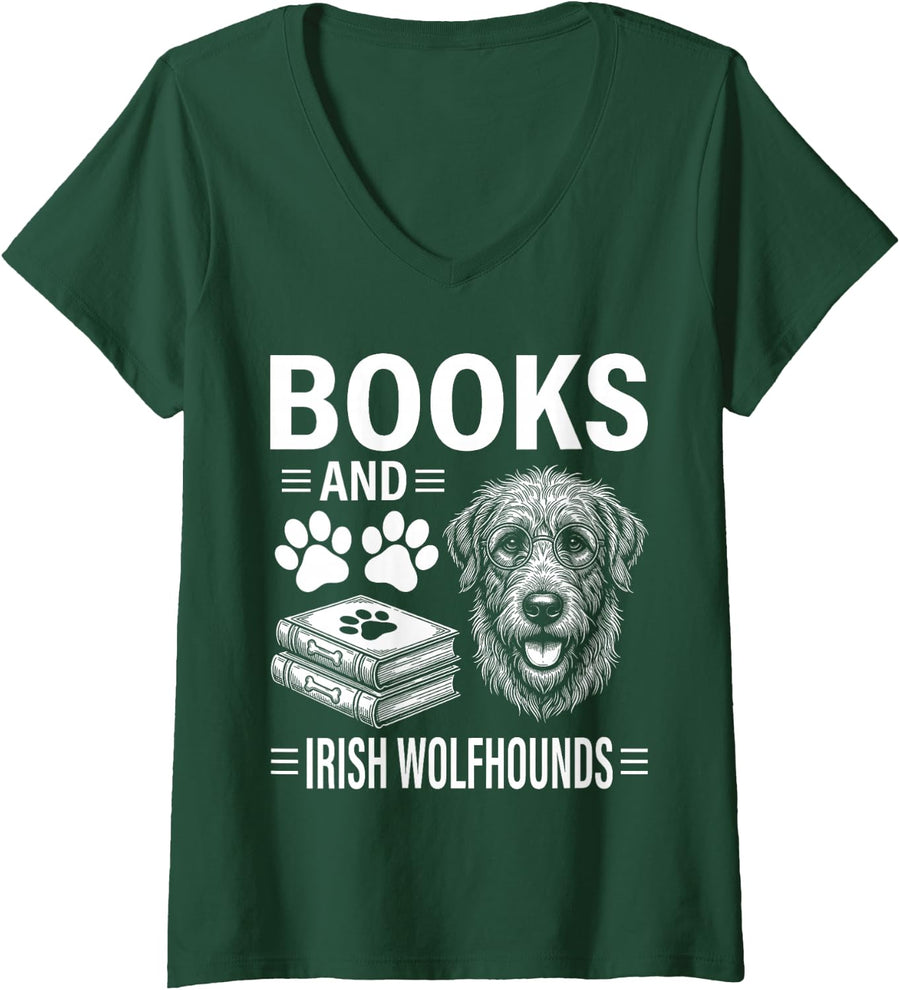 Women's Books and Irish Wolfhounds Funny Irish Wolfhound V-Neck T-Shirt - Dark Green