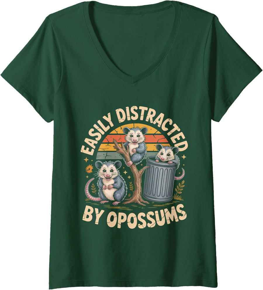 Women's Easily Distracted By Opossums Wildlife Humor V-Neck T-Shirt - Dark Green