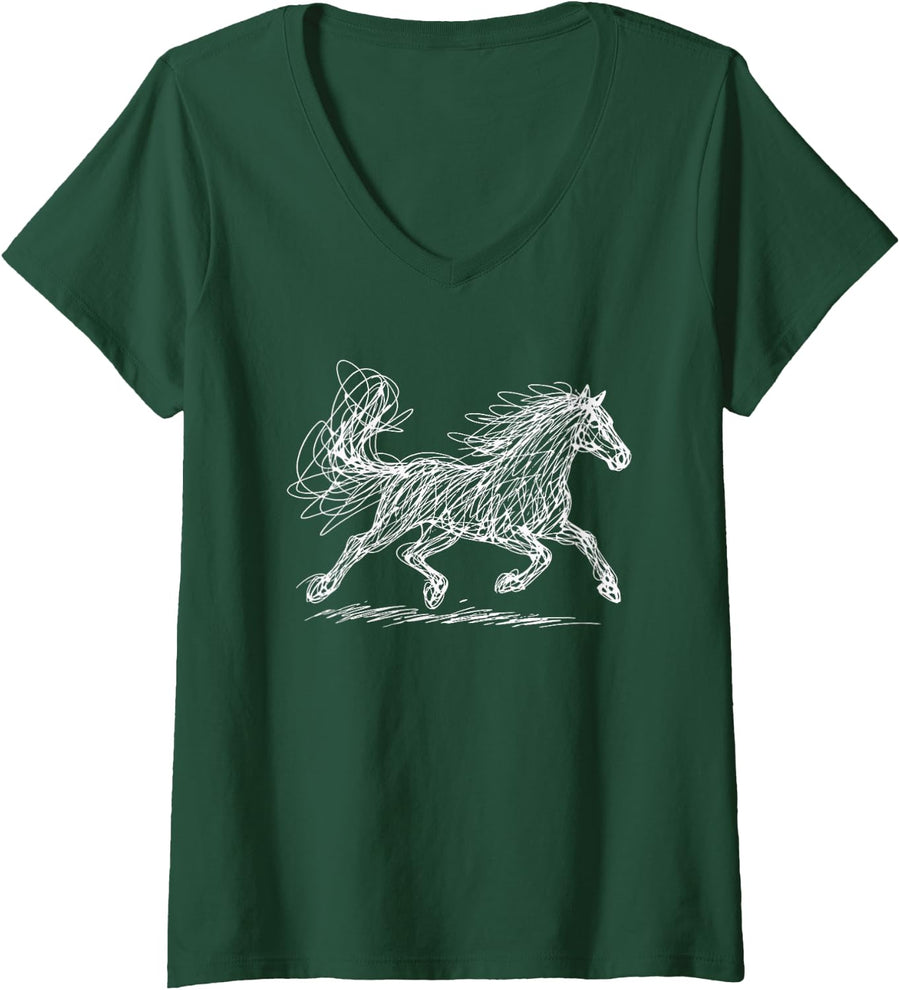 Women's Abstract Galloping Horse Scribble Line Art Equestrian V-Neck T-Shirt - Dark Green