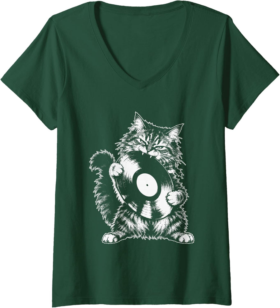 Women's Sassy Hairy Cat 2000s Y2k Grunge Aesthetic Punk Animal V-Neck T-Shirt - Dark Green