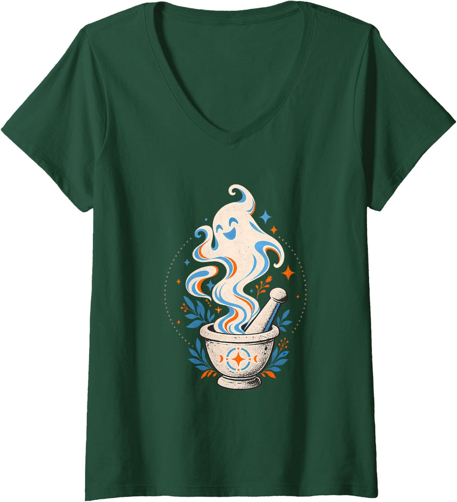 Women's Pharmacy Tech Halloween Ghost Mortar Pestle Funny V-Neck T-Shirt - Dark Green