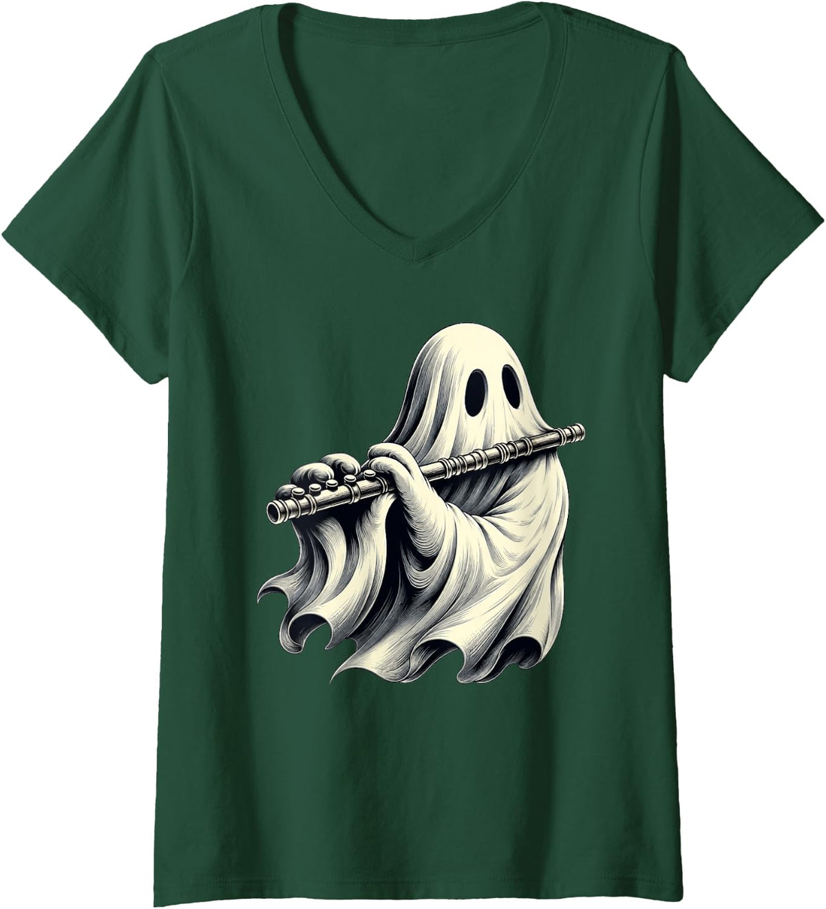 Women's Ghost Playing Flute Musician Halloween V-Neck T-Shirt - Dark Green