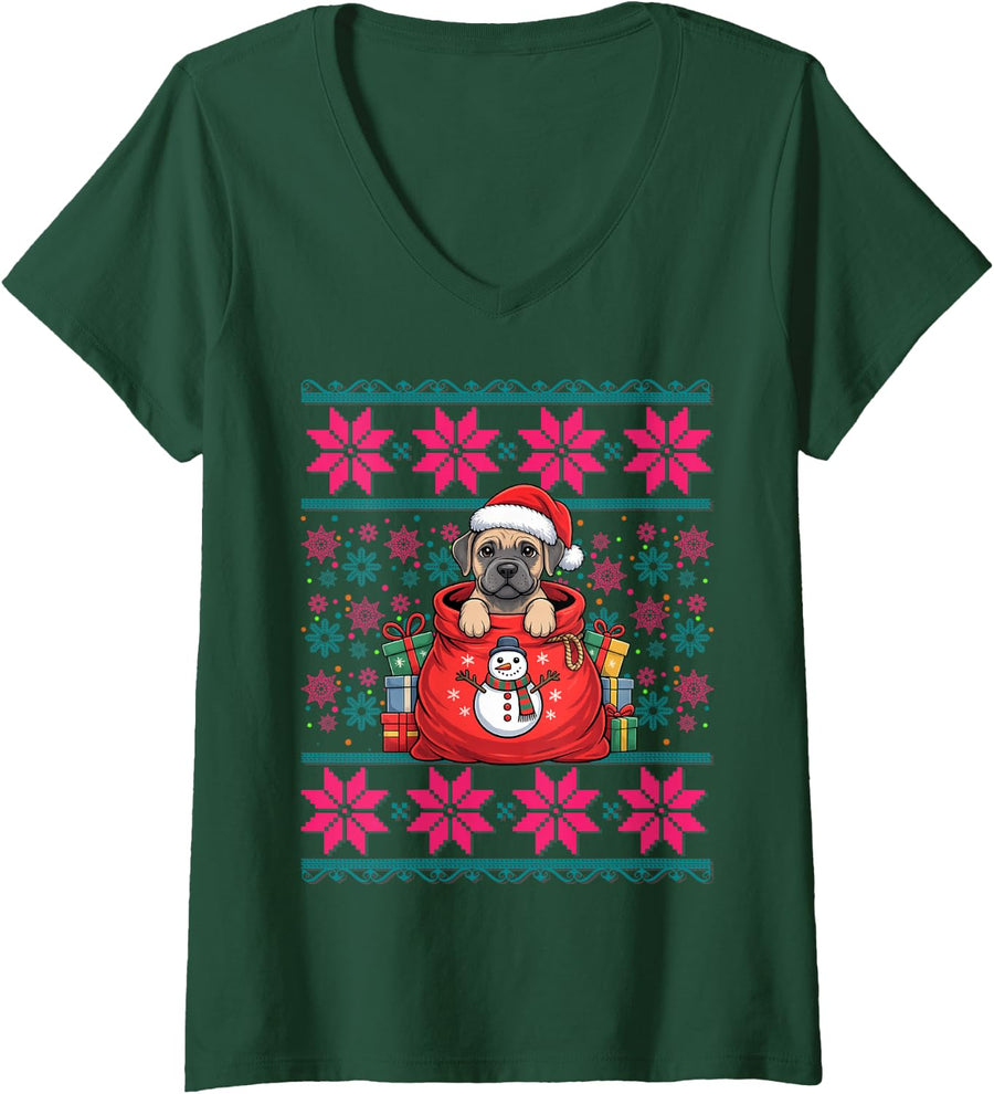 Women's Santa Hat Ugly Christmas Pajama Women Girls Cane Corso Dog V-Neck T-Shirt - Dark Green
