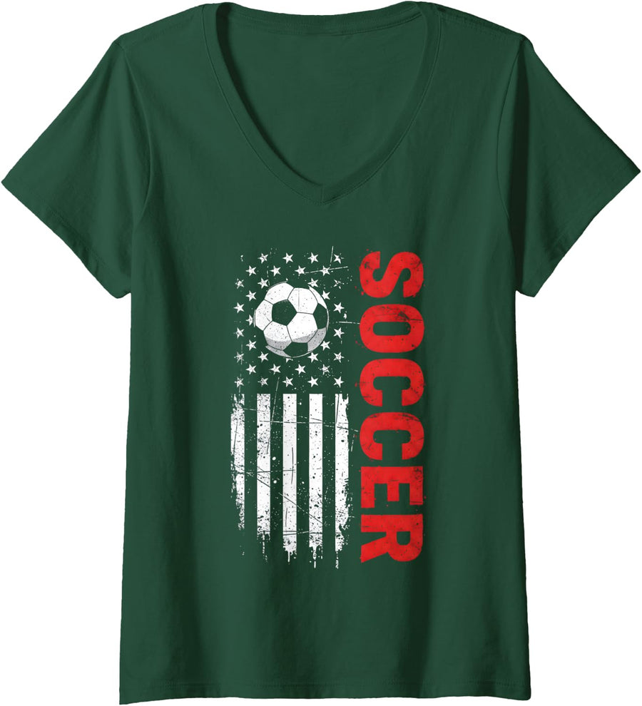 Women's Patriotic USA Soccer Ball Distressed American Flag V-Neck T-Shirt - Dark Green