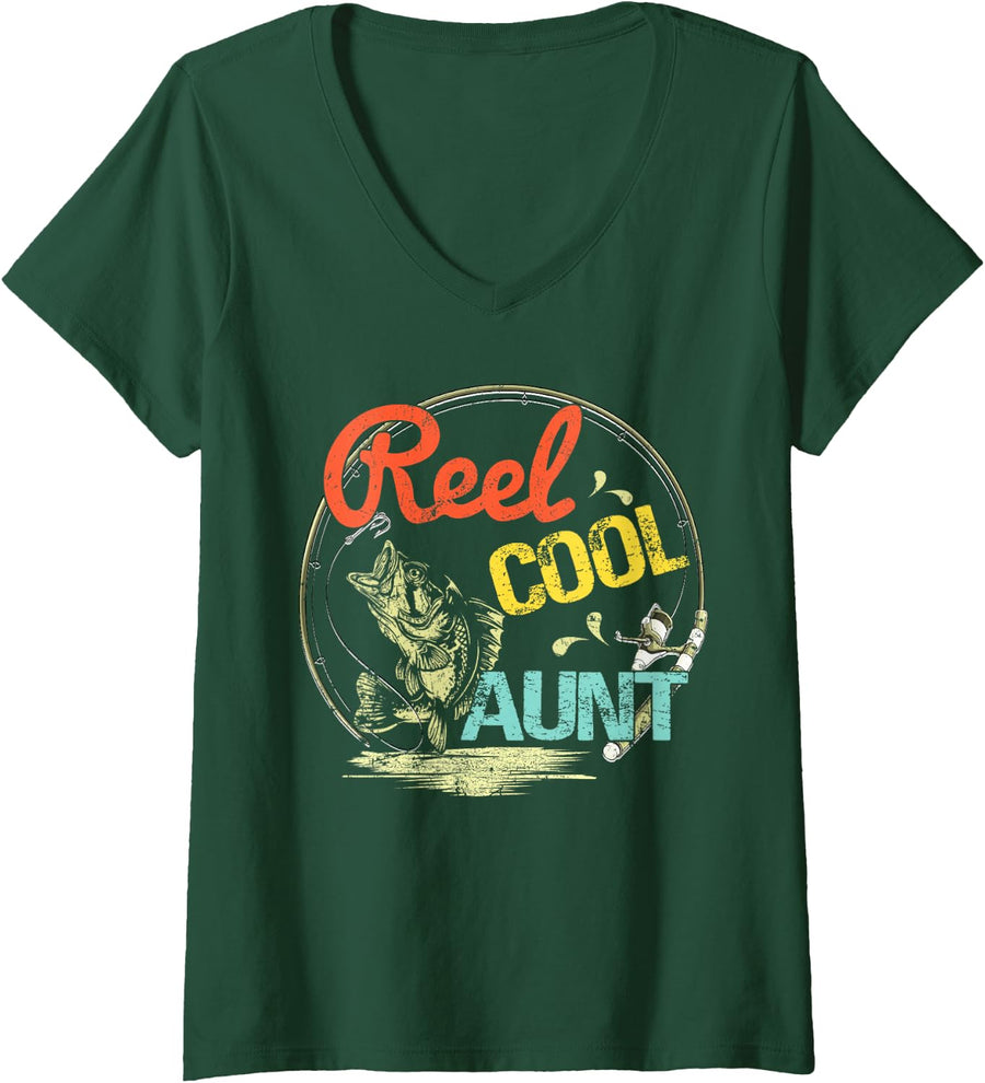 Women's Womens Reel Cool Aunt Funny Fishing Print for Womens V-Neck T-Shirt - Dark Green