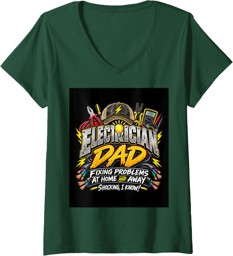 Women's Funny Electrician Dad Shocking Humor Trade V-Neck T-Shirt - Dark Green