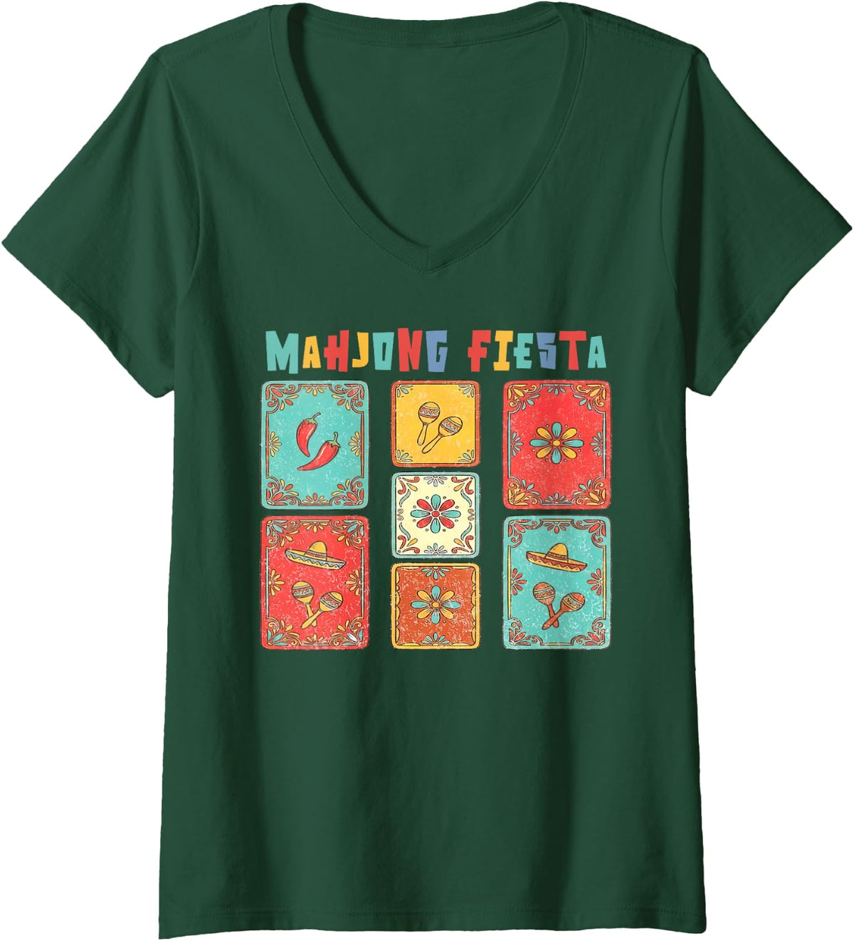 Women's Cinco de Mayo Mahjong Tiles Mexican Player Chinese Tile Game V-Neck T-Shirt - Dark Green