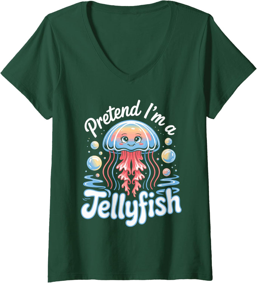 Women's Pretend I'm A Jellyfish Jellyfish Costume Ocean Marine V-Neck T-Shirt - Dark Green