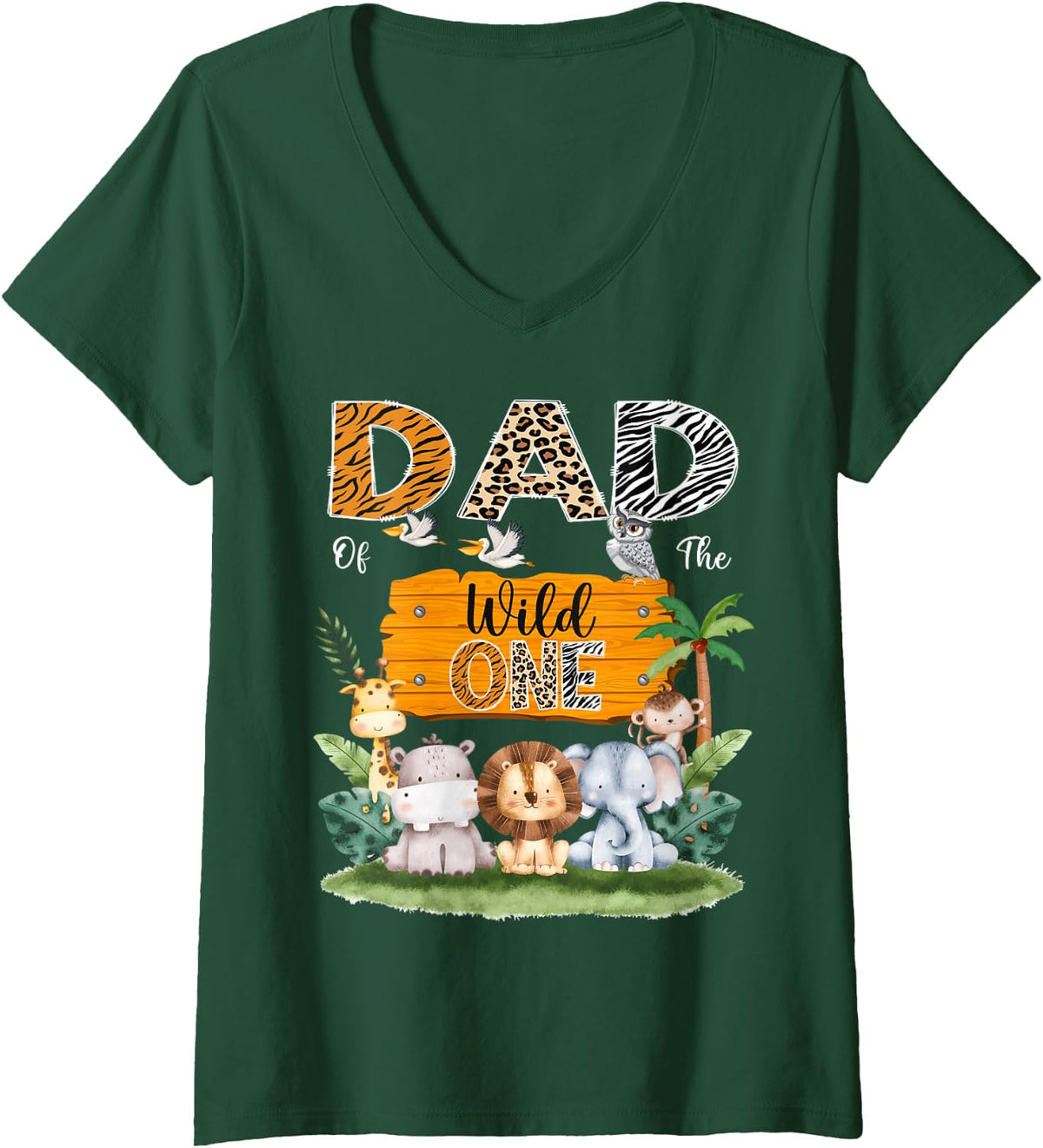 Women's Dad of The Wild One 1St Birthday Safari Jungle V-Neck T-Shirt - Dark Green