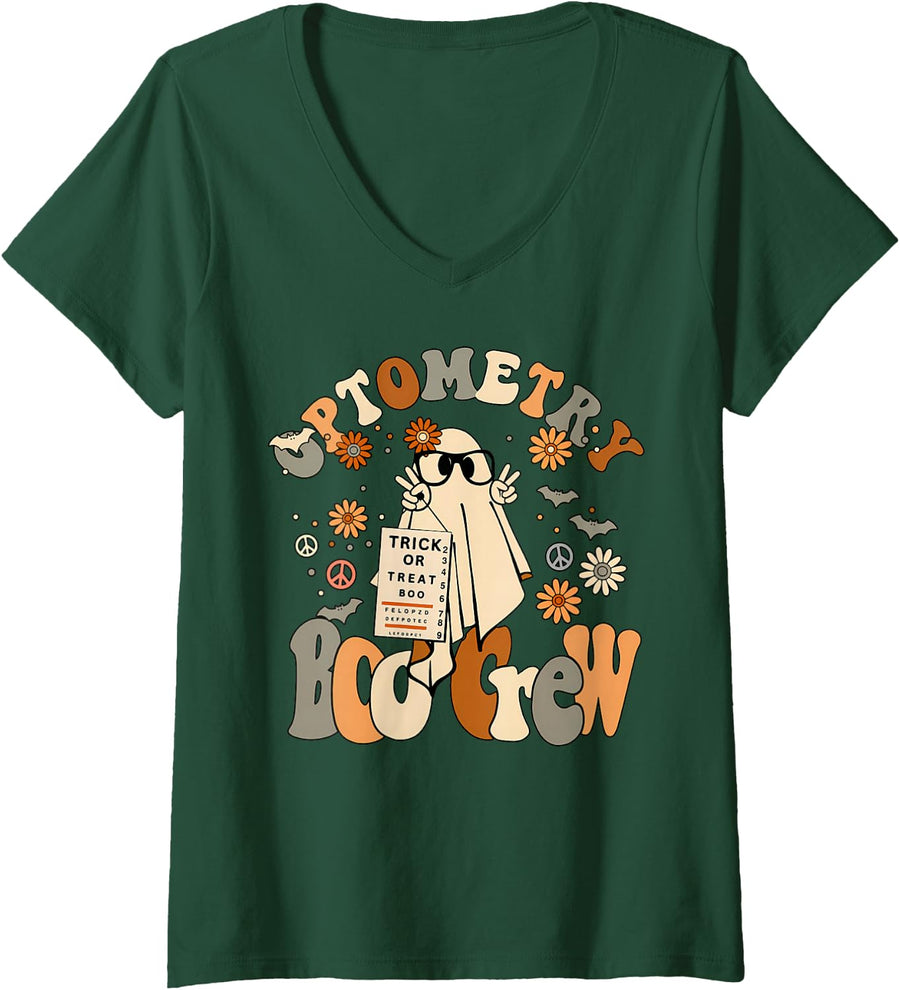 Women's Spooky Optometry Boo Crew Ghost Halloween Eye Doctor V-Neck T-Shirt - Dark Green