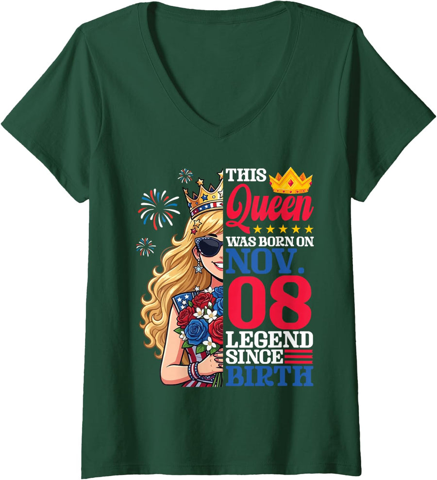 Women's This Queen was Born On November 08 Legend Since Birth A Girl V-Neck T-Shirt - Dark Green