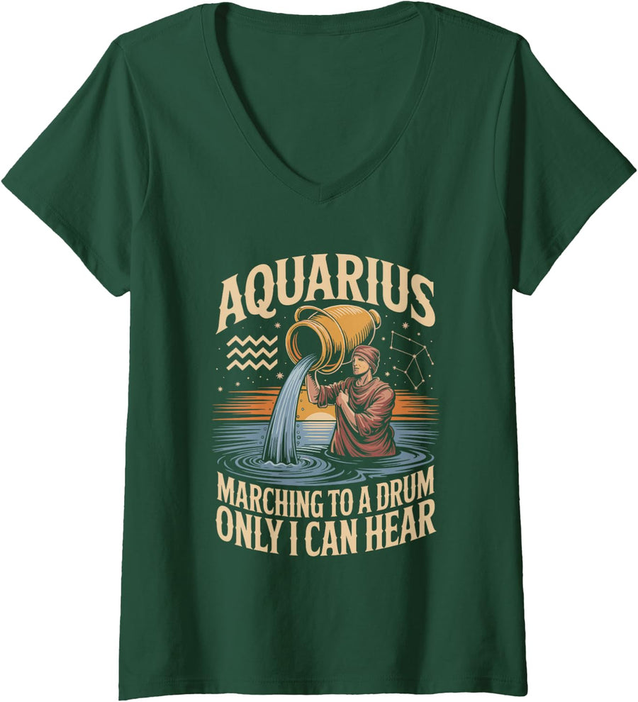Women's Aquarius Marching to a Drum Only I Can Hear Zodiac Astrology V-Neck T-Shirt - Dark Green