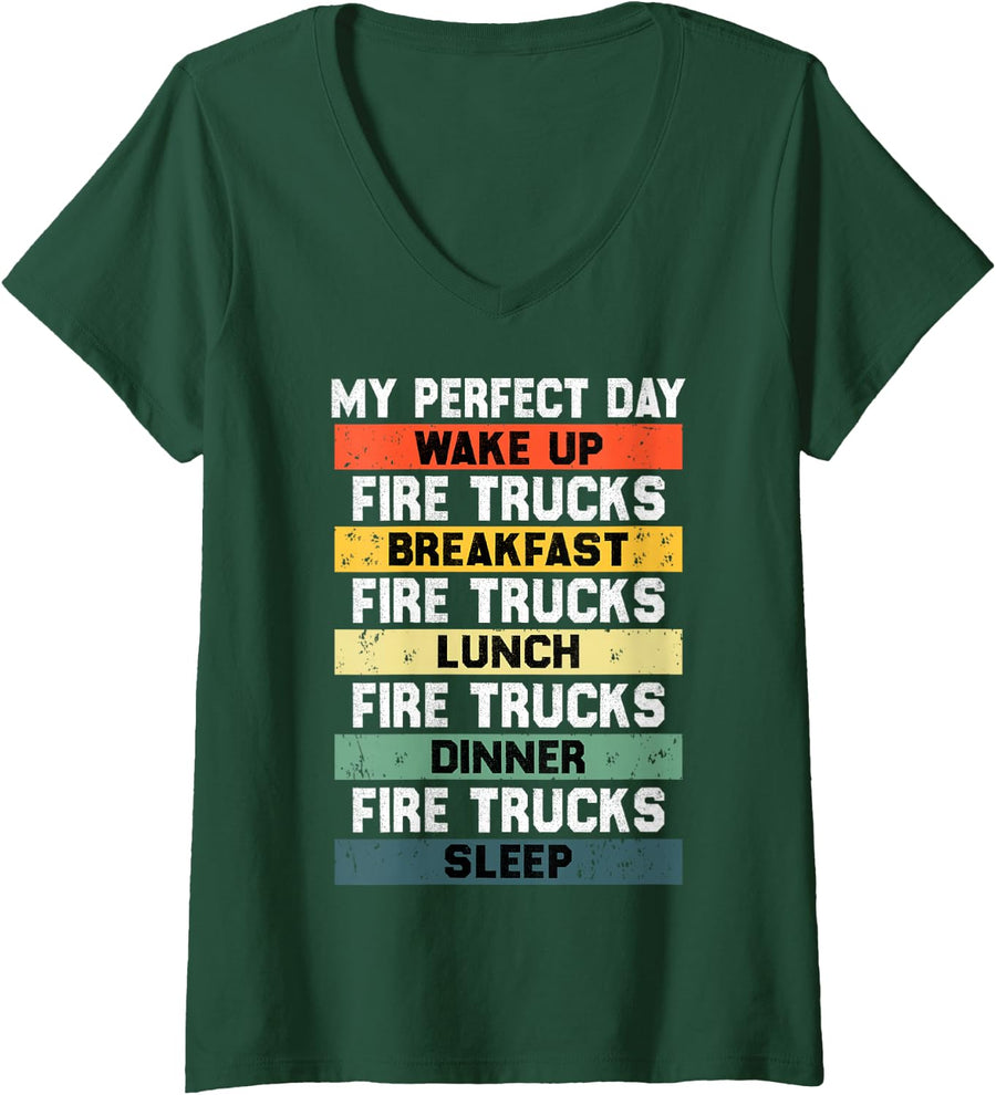 Women's My Perfect Day Firefighter Fireman Tee for Fire Truck Lovers V-Neck T-Shirt - Dark Green
