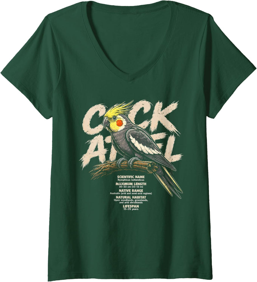 Women's Cockatiel Facts Bird Lover Graphic Pet V-Neck T-Shirt - Dark Green