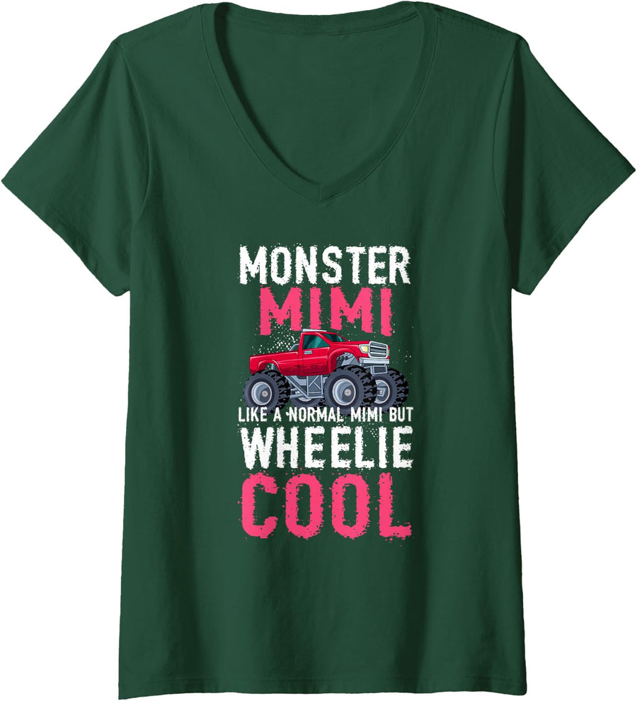 Womens Monster Mimi Wheelie Cool Monster Truck Mimi Grandma V-Neck T-Shirt - Dark Green