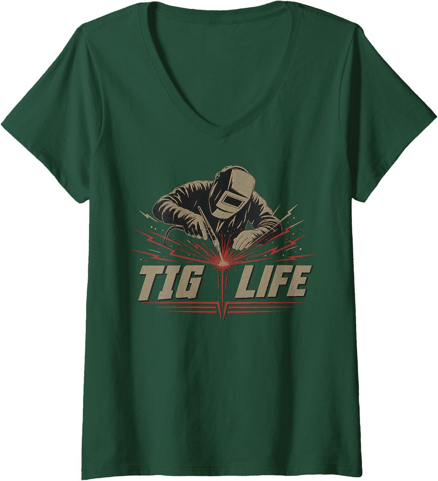 Women's TIG Life Welder Design with Welding Sparks V-Neck T-Shirt - Dark Green
