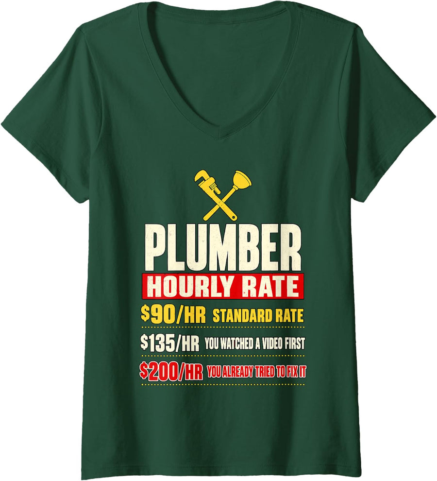 Women's Plumber Hourly Rate Humorous Tradesman Design V-Neck T-Shirt - Dark Green