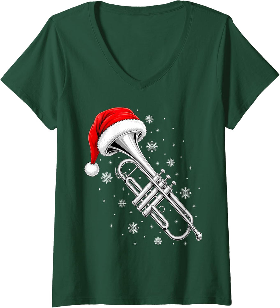 Women's Christmas Santa Hat Musical Trumpet V-Neck T-Shirt - Dark Green