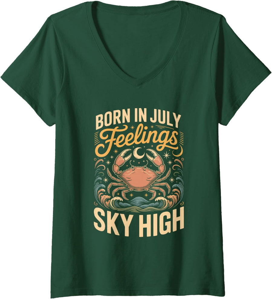 Women's Born in July Feelings Sky High Cancer Zodiac Astrology Star V-Neck T-Shirt - Dark Green