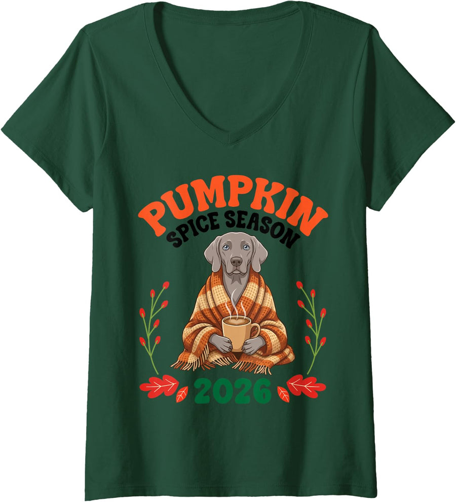 Women's Pumpkin Spice Season Weimaraner Dog Cozy Fall Blanket 2026 V-Neck T-Shirt - Dark Green