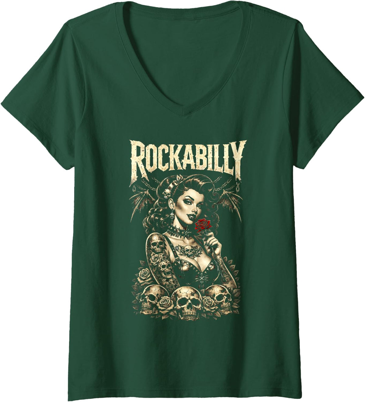 Women's Rockabilly Gothic Pinup Girl Skulls Retro Alternative Rock V-Neck T-Shirt - Dark Green