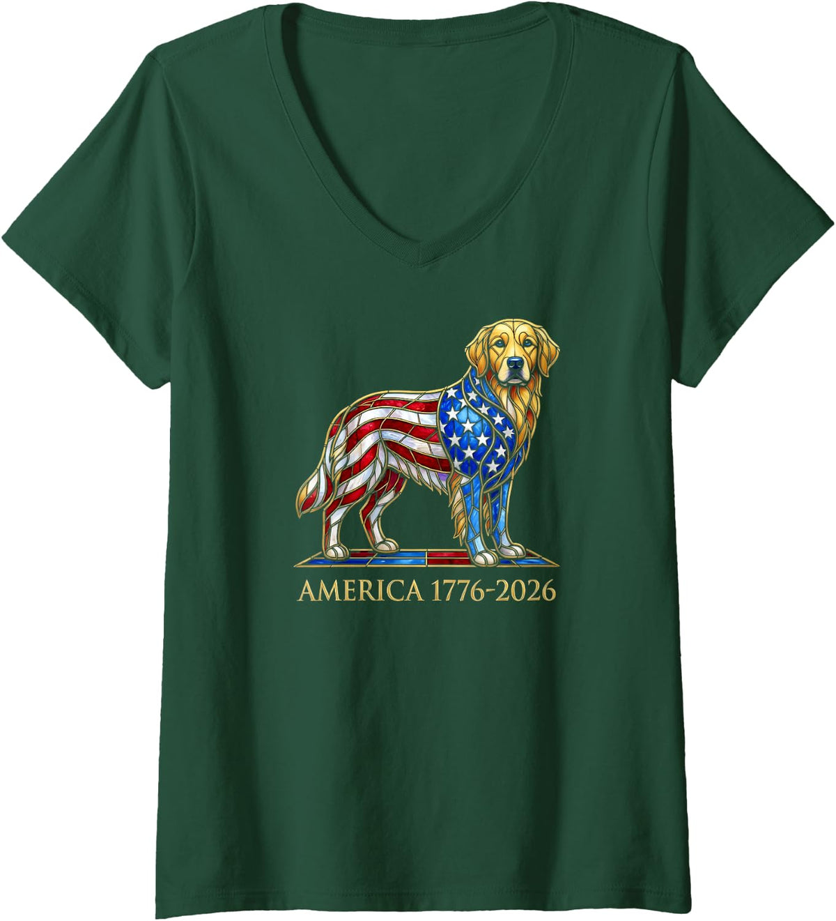Women's Golden Retriever America 1776 2026 Patriotic USA 250 Years V-Neck T-Shirt - Dark Green