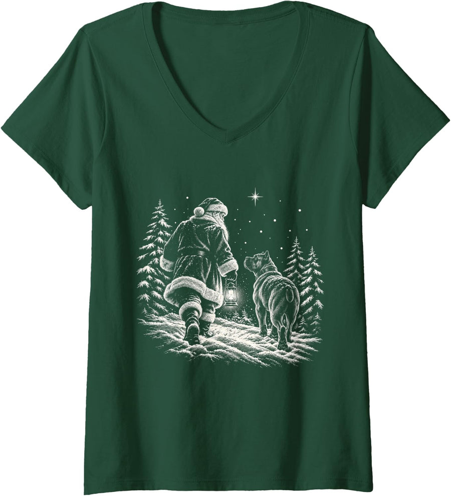 Women's Cane Corso Christmas Dog Walking with Santa Holiday Dog V-Neck T-Shirt - Dark Green