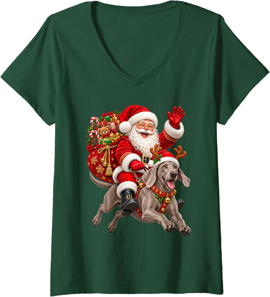 Women's Weimaraner Dog Christmas Hat Santa Riding Pet Dog Xmas V-Neck T-Shirt - Dark Green
