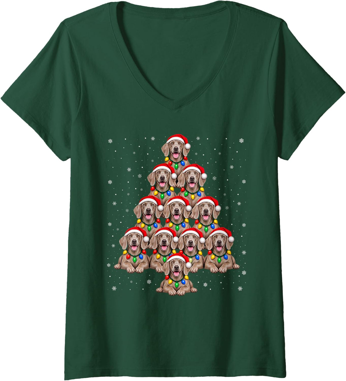 Women's Weimaraner Dog Christmas Tree Snowflake Santa Hat Xmas Dog V-Neck T-Shirt - Dark Green