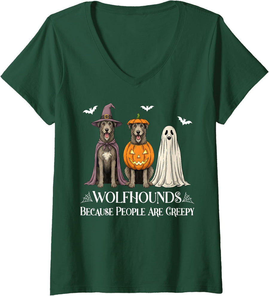 Women's Irish Wolfhound Because People are Creepy Halloween Dog V-Neck T-Shirt - Dark Green