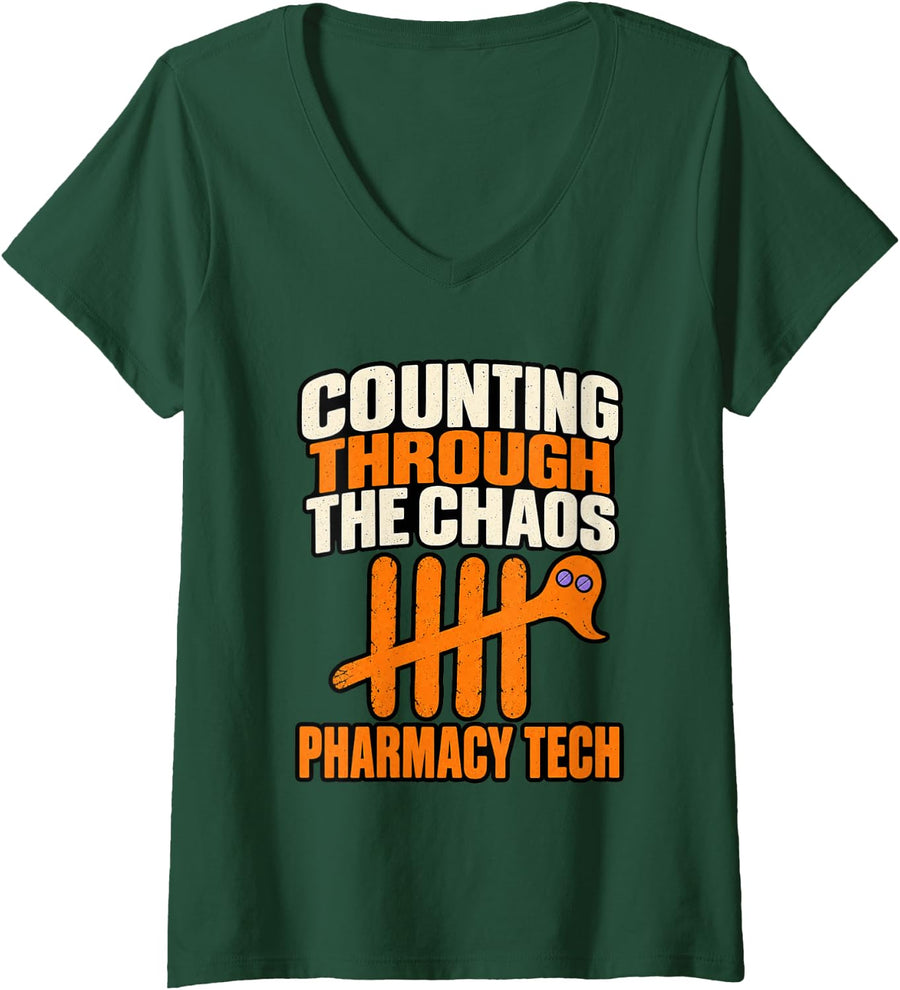 Women's Pharmacy Tech Halloween Spooky Crew Night Shift V-Neck T-Shirt - Dark Green