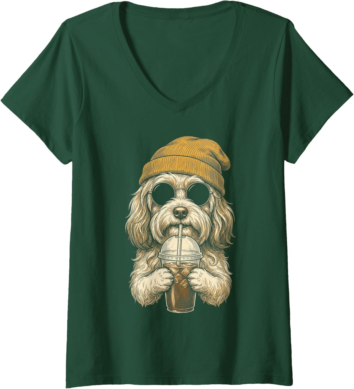 Women's Cockapoo Drinking Iced Coffee Funny Hipster V-Neck T-Shirt - Dark Green
