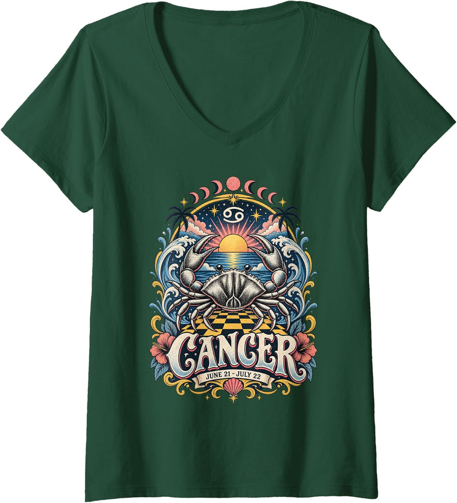 Women's Cancer Zodiac Astrology Crab Vintage Horoscope V-Neck T-Shirt - Dark Green