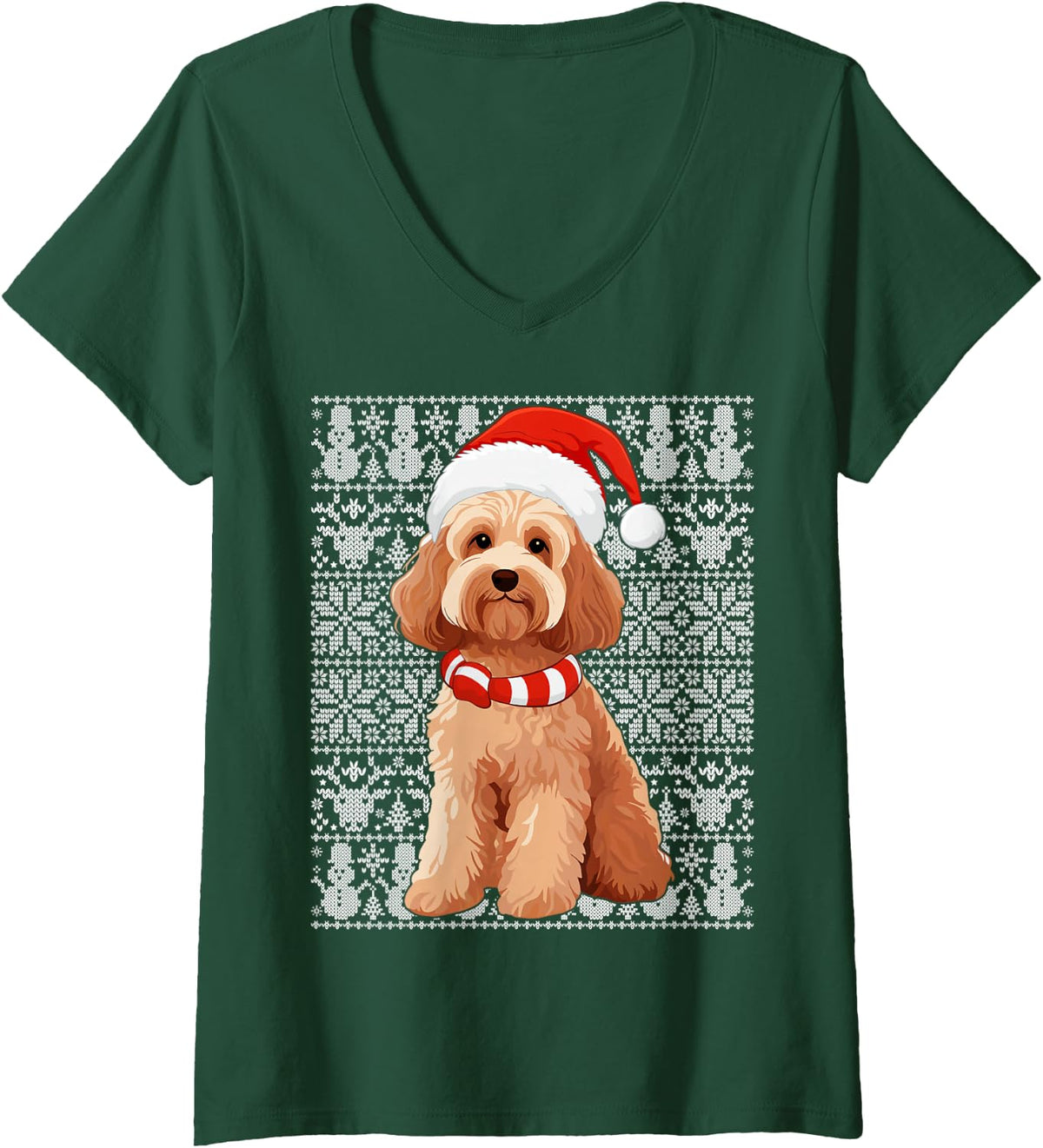 Women's Cockapoo Dog Santa Hat Men Women Kids Ugly Christmas V-Neck T-Shirt - Dark Green