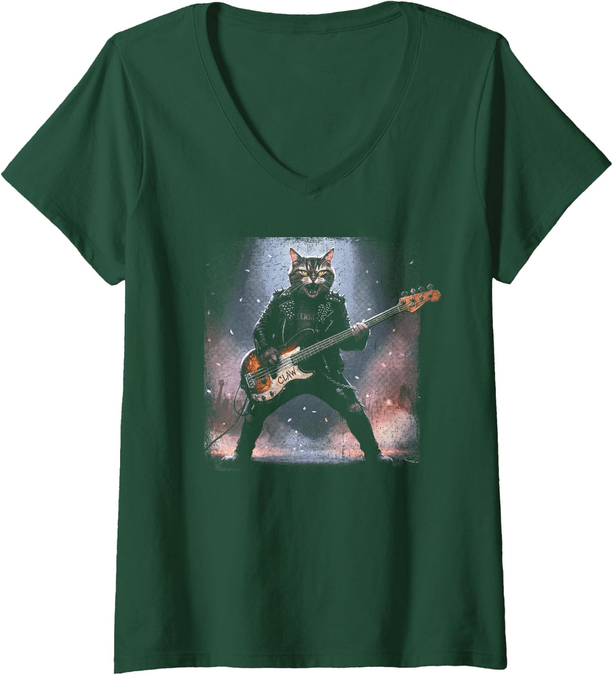 Women's Heavy Metal Cat Bass Guitar Player Punk Rocker Musician V-Neck T-Shirt - Dark Green