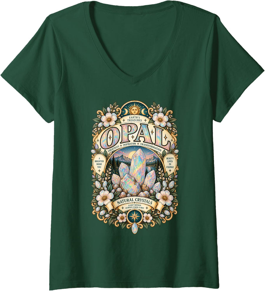 Women's Opal October Birthstone Vintage Gemstone Crystal V-Neck T-Shirt - Dark Green