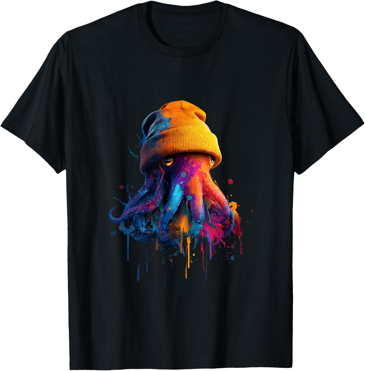 Octopus Wearing Beanie Graffiti Style Graphic T-Shirt - Black