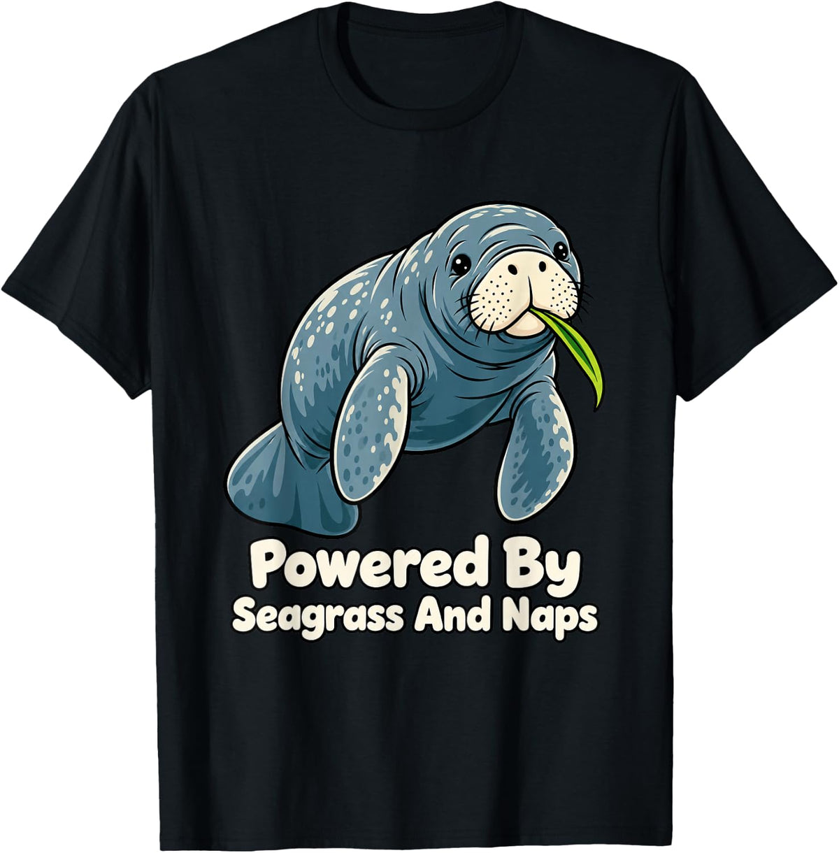 Manatee Powered By Seagrass and Naps Women Funny Florida T-Shirt - Black