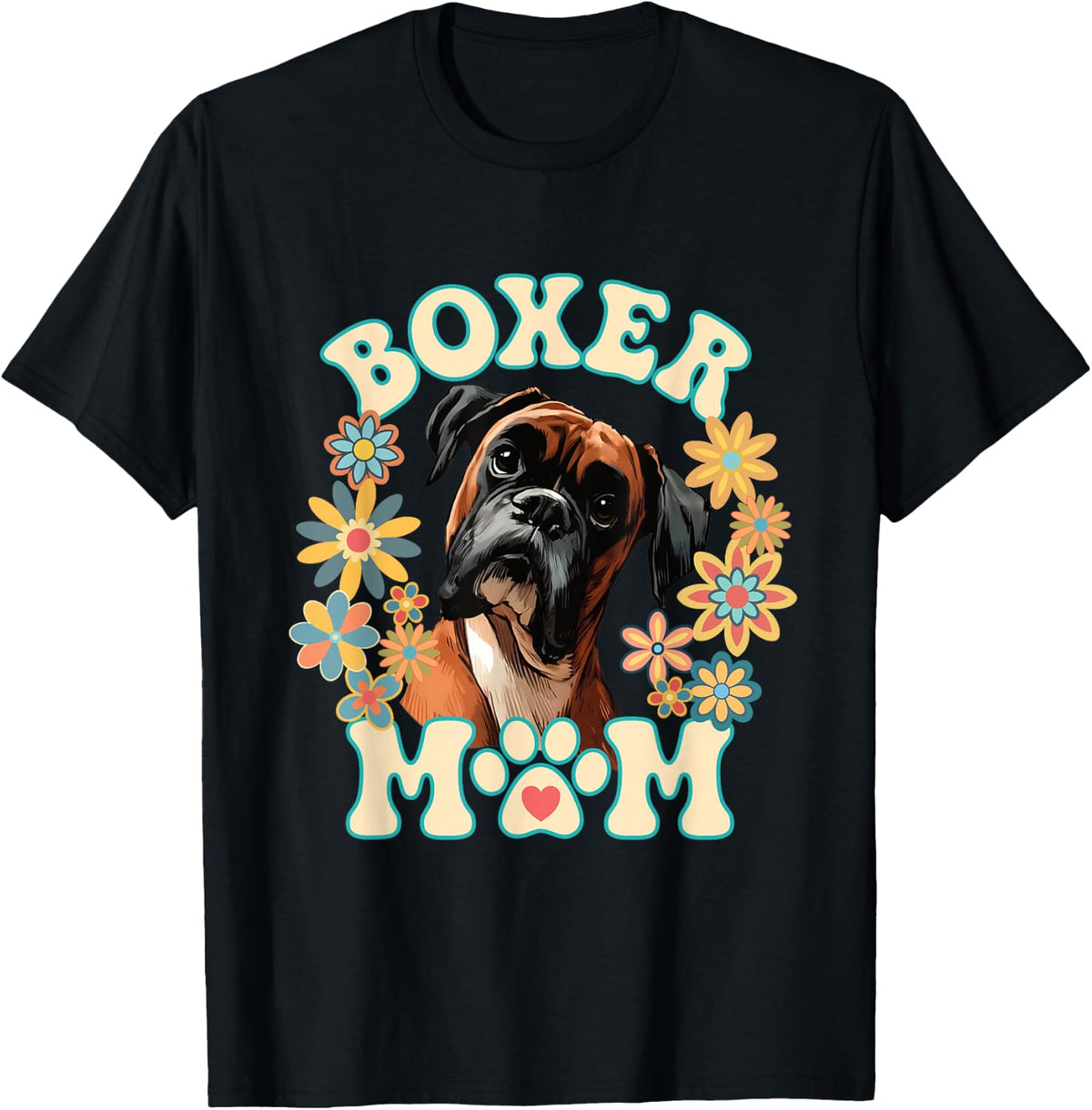 Boxer Mom Mum Dog Floral T-Shirt - Black