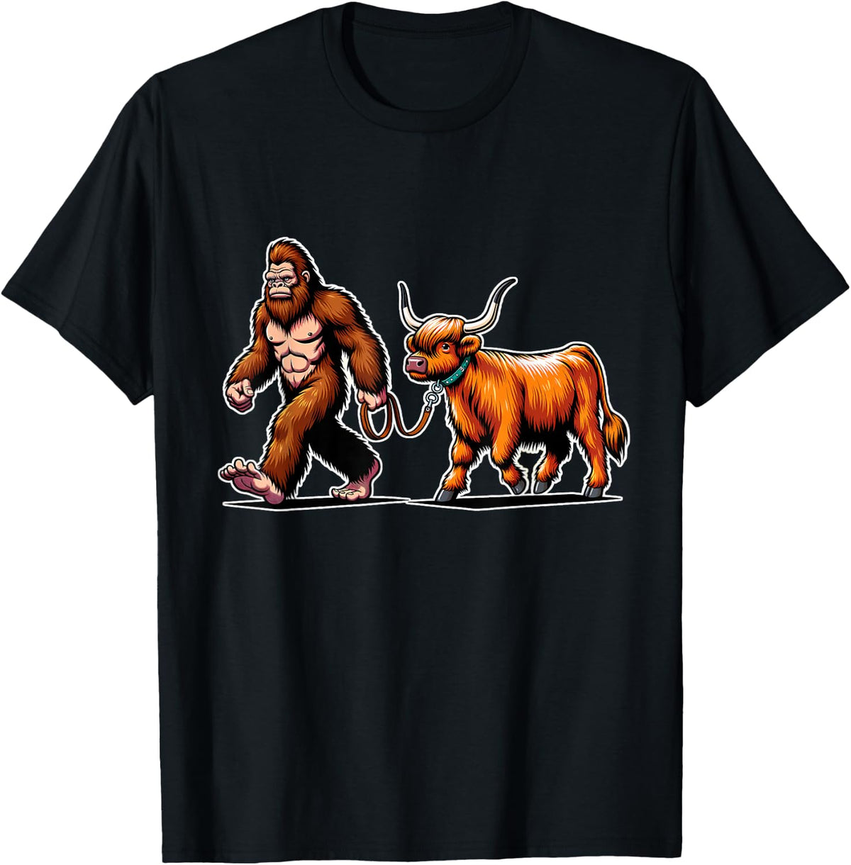 Humor Bigfoot Takes Scottish Highland Cow for a Walk T-Shirt - Black