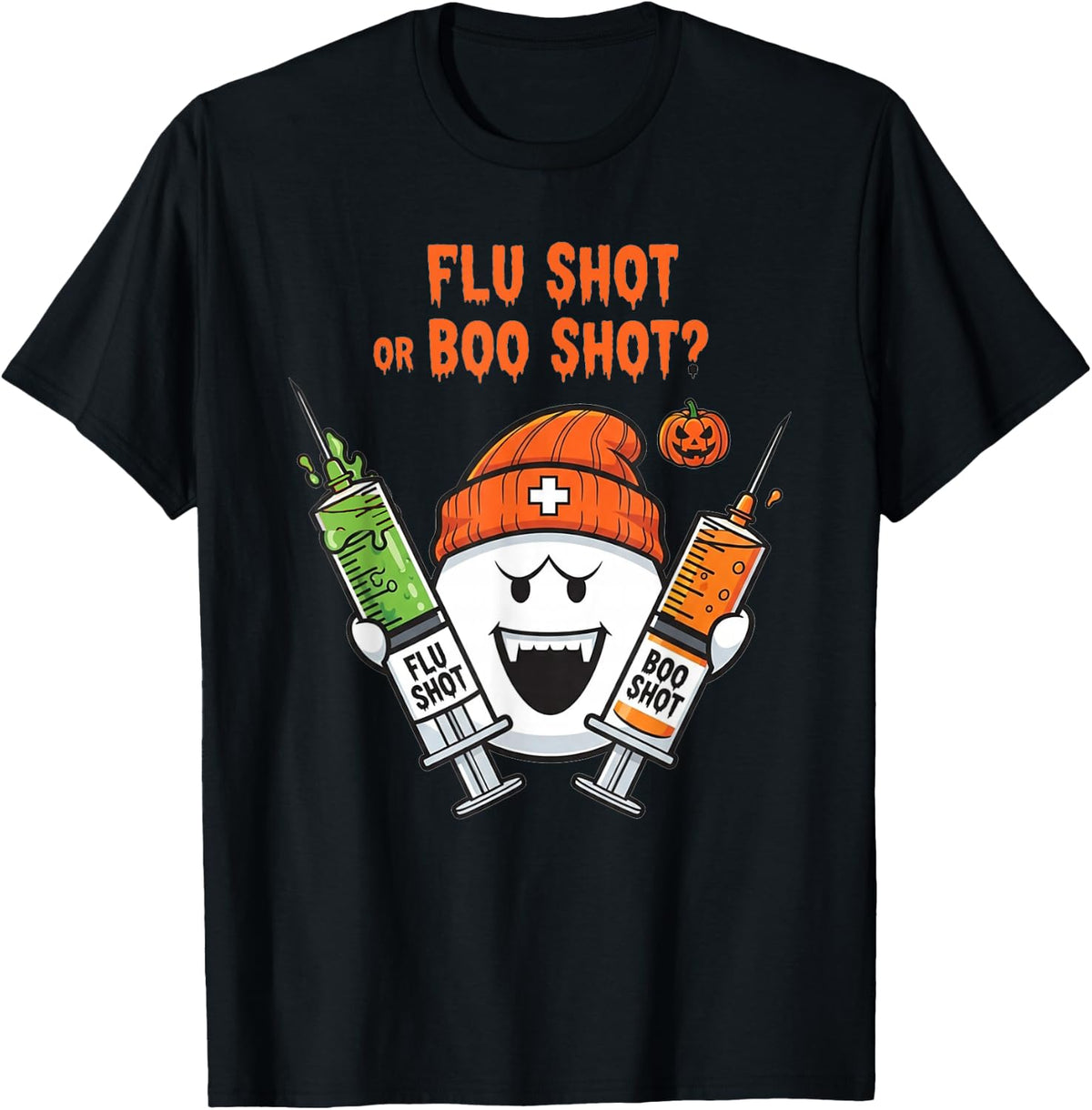 Nurse Halloween Flu Shot or Boo Shot Ghost Art Funny T-Shirt - Black