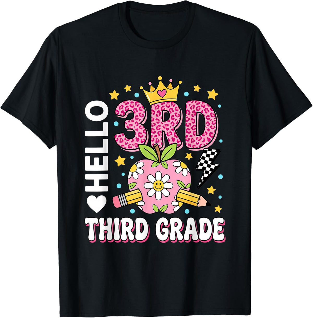 Hello 3RD Third Grade Girls Back to School Leopard T-Shirt - Black