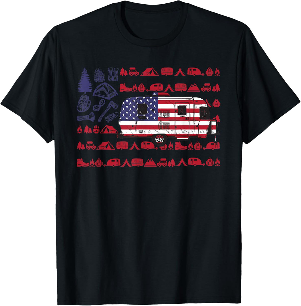 4th of July American Flag Camping T-Shirt T-Shirt - Black
