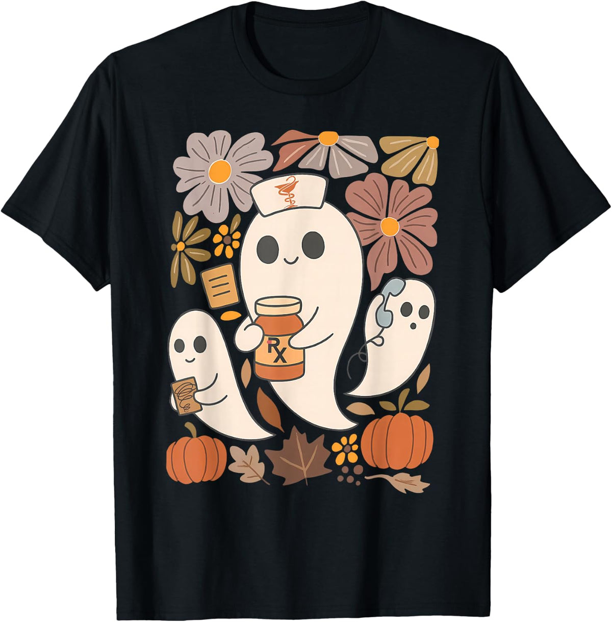 Boho Flower Pharmacist Ghost Pharmacy Tech Autumn Halloween T-Shirt - Black