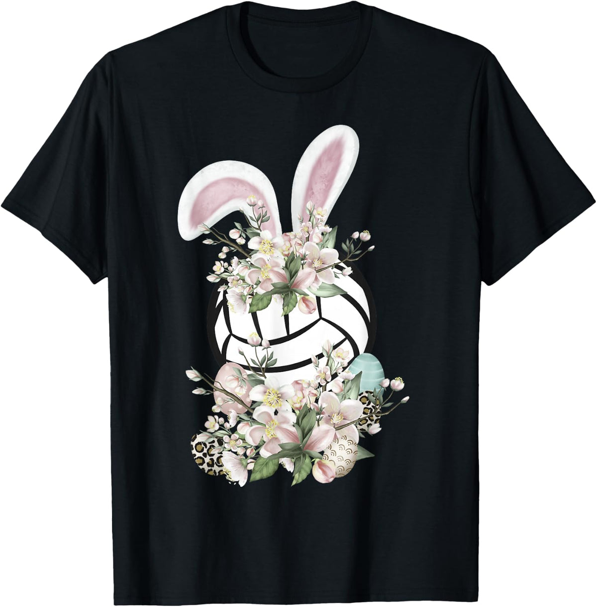 Funny Easter Volleyball Bunny Ears Spring Flowers Easter Egg T-Shirt - Black